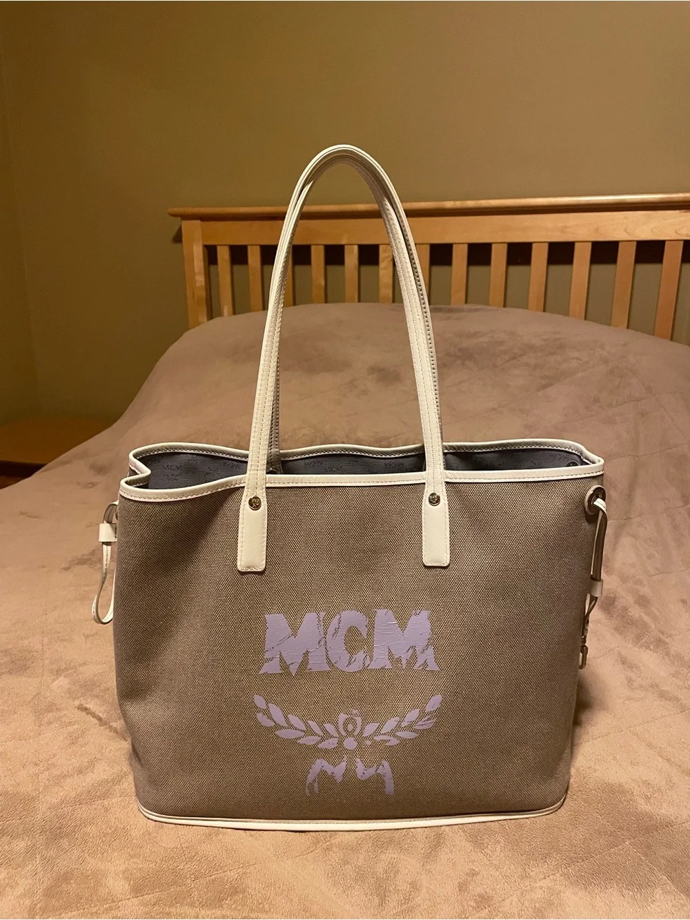 Reversible MCM Lavender /Tan Logo Tote with White Leather Handles & Trim.